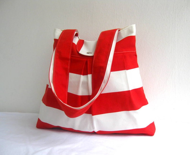 Tote Bag-Double Straps-Large-6 Large Pockets-Red and White image 1