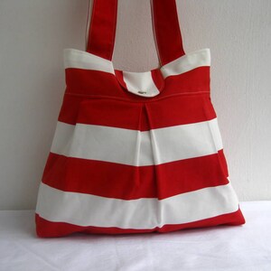 Tote Bag-Double Straps-Large-6 Large Pockets-Red and White image 3