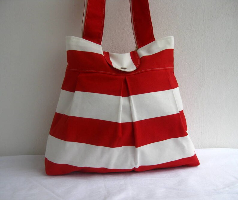 Tote Bag-Double Straps-Large-6 Large Pockets-Red and White image 3