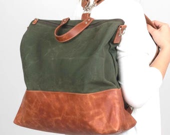 Handmade Gewachste Canvas Wandelbare Tote Rucksack: Leder Reisetasche