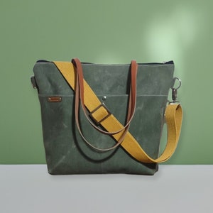 Olive Green Waxed Canvas Tote Bag: Leather Straps, Crossbody Work Bag