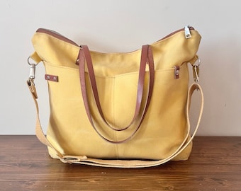 Yellow Waxed Canvas Tote Bag ,  Waxed canvas Tote Long Leather Double Straps, Adjustable Strap Shoulder Bag