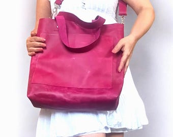 Handgefertigte Fuchsia Leder Tragetasche: Knallpinke Crossbody Handtasche
