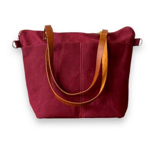 Weinrote gewachste Canvas-Einkaufstasche mit Reißverschluss, gewachste Canvas-Handtasche mit langen Leder-Doppelriemen, kostenloser verstellbarer Riemen