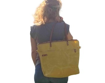 Large Yellow Waxed Canvas Tote Bag ,  Waxed canvas handbag for the weekender  Traveler or work, Crossbody bag, Casual  Multifunctional Bag