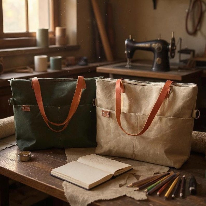 K&ouml;nnte beinhalten: Zwei Canvas-Tragetaschen mit Ledergriffen. Eine Tasche ist olivgr&uuml;n, die andere beige. Beide haben eine Vordertasche und ein Lederetikett. Auf einem Holztisch liegen ein offenes Notizbuch und Bleistifte.