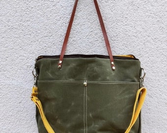 Zipper Closure Green Waxed Canvas Shoulder & Tote Bag / Crossbody Travel Bag Waxed Canvas Tote Bag ,