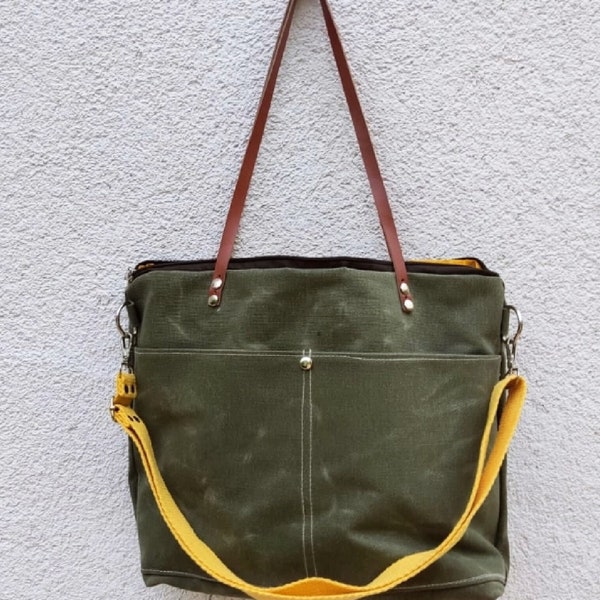 Zipper Closure Green Waxed Canvas Shoulder & Tote Bag / Crossbody Travel Bag Waxed Canvas Tote Bag ,