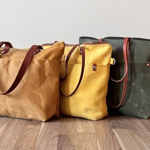 Waxed Canvas Shoulder Bag with Zipper ,  Waxed canvas Tote with Leather Double Straps, Free Cotton Adjustable Strap