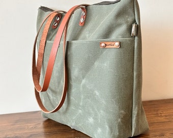 Green  Waxed Canvas Tote Bag ,  Waxed canvas Tote Long Leather Double Straps, Adjustable Strap Shoulder Bag