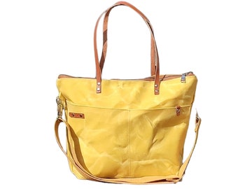 Large Yellow Waxed Canvas Tote Bag ,  Waxed canvas handbag for the weekender  Traveler or work, Crossbody bag, Casual  Multifunctional Bag
