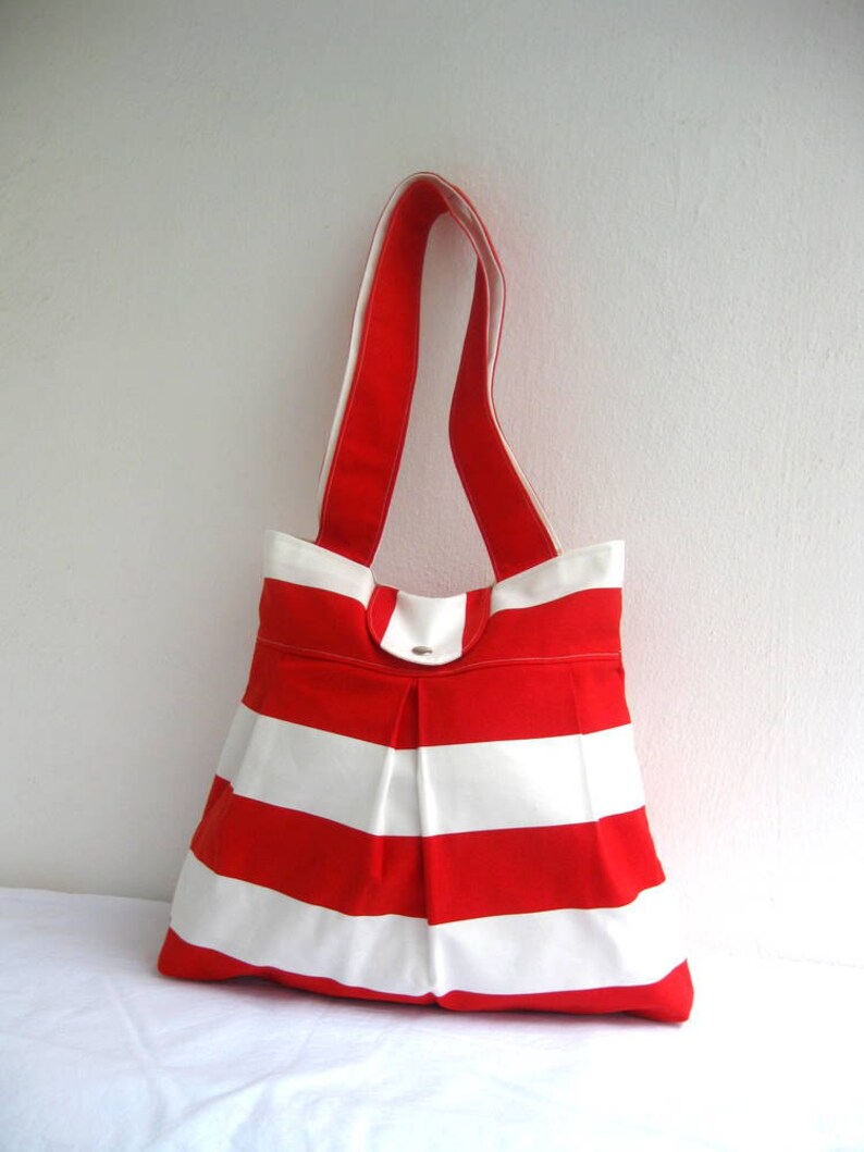 Tote Bag-Double Straps-Large-6 Large Pockets-Red and White image 2