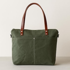 Forest Green Waxed Canvas Weekender and Work Bag with Zipper Tote Bag ,Waxed canvas Shoulder Bag with  Double Straps ,Free  Adjustable Strap