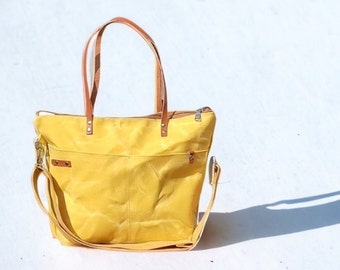 Gelb Gewachste Canvas Tasche: Lederriemen, Crossbody Weekender