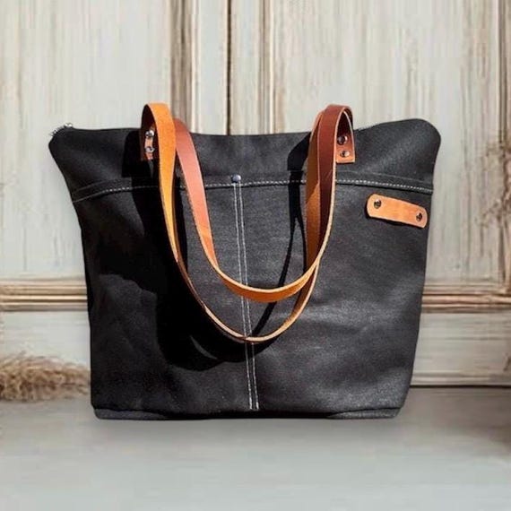 Black Canvas Tote Bag Tote Long Leather Double Straps Handbag and Leather Adjustable Strap Shoulder Bag Etsy Canada