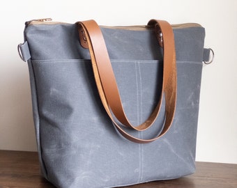 Leather Straps Gray Waxed Canvas Tote Bag ,  Waxed canvas Tote Long Leather Double Straps, Adjustable Strap Shoulder Bag