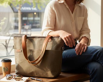 Gewachste Canvas Tote Arbeitstasche - Ledergriffe, Arbeitstasche mit Reißverschluss, personalisierte Wochenendtasche