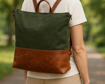 Großer Computerrucksack, Laptoptasche aus gewachstem Canvas und Leder, wasserfeste Reise- und Arbeitstasche