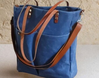 Waxed Canvas Zipper Closure Tote Bag , Crossbody bag, Genuine Leather Handles and  Long Adjustable  Strap, Waterproof Tote Bag