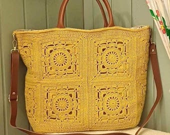 Mustard Yellow Crochet Granny Square Work Tote Bag, Boho Leather Handles Weekender