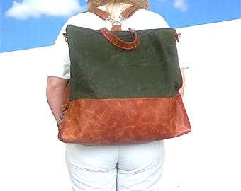 Convertible Waxed Canvas Bag – Forest Green Leather Tote Backpack – 3-in-1 Shoulder / Crossbody Travel Purse