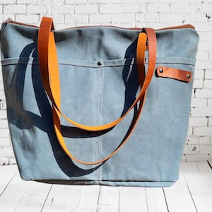 Blau Canvas Tragetasche Canvas Tote Lange Leder Doppel-Riemen und verstellbarer Gurt Schultertasche Reißverschluss