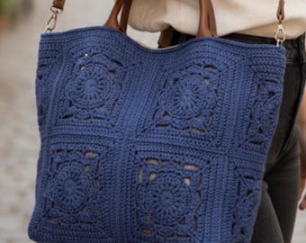 Handgemachte häkeln Navy Blau Tote Arbeitstasche, große Weekender häkeln Umhängetasche