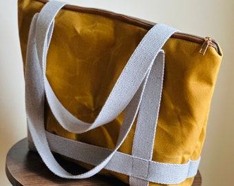 Mustard  Waxed Canvas Large Tote Bag , Zipper Closure  and Gray Double Straps Shoulder Bag