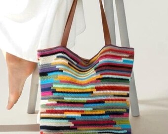 Personalisierte Streifen Handmade Bunte häkeln Arbeit Einkaufstasche: Lederriemen Weekender Tasche, Boho Geldbörse