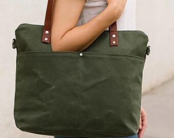 Green Waxed Canvas Weekender Tote Bag: Leather Straps Work Bag , Adjustable Crossbody Strap