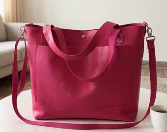 Fuchsia Pink Vollkorn-Leder-Einkaufstasche: Hellrosa Crossbody-Geldbeutel