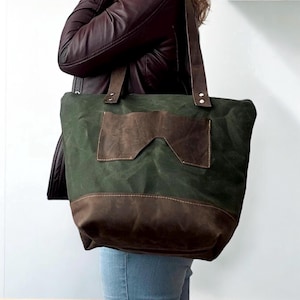 Bolso de mano de lona encerada y cuero marrón con cierre de cremallera, bolso de hombro de lona, bolso de mano