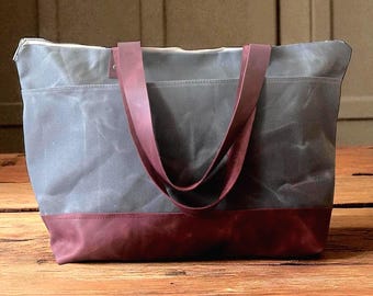 Gray Waxed Canvas Weekender and Work Tote with Burgundy Leather – Large Travel Carry-on Bag