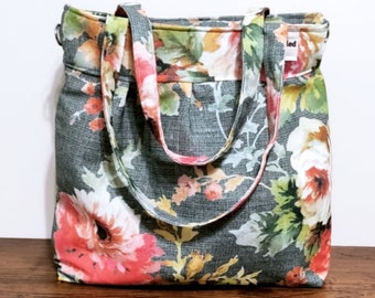 Large Floral Pattern Shoulder Bag- Pleated Diaper Bag - Colorful Bag- Zipper Closure Tote Bag-Adjustable to Straps