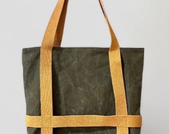 Green  Waxed Canvas Tote Bag , Zipper Closure  and Gray Double Straps Shoulder Bag