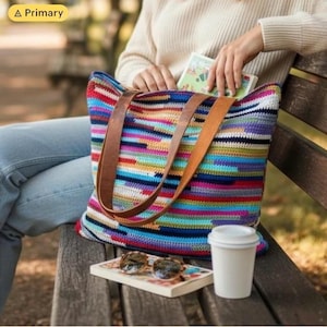 Personalisierte bunte Häkel Tote Arbeitstasche - Lederriemen, Handwerker Design