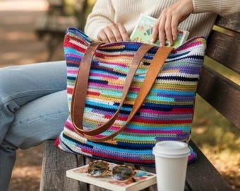 Personal Handmade Colorful Crochet Tote Work Bag – Leather Straps, Artisan Design