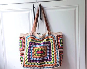 Handmade Granny Square Crochet Tote Bag: Bohemian Cotton Weekender