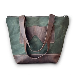 Green Waxed Canvas and Brown Leather  with Zipper Tote Bag , Brown Leather Tote Bag , Waxed canvas Shoulder Bag with  Double Straps