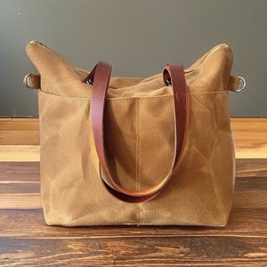 Mustard Yellow Zipper Closure Tote Bag, Leather Straps and Adjustable Strap Waxed Canvas Tote Bag