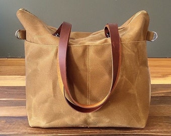 Mustard Yellow Zipper Closure Tote Bag, Leather Straps and Adjustable Strap Waxed Canvas Tote Bag