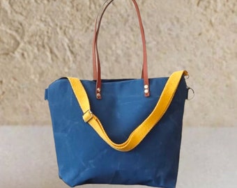 Blue Waxed Canvas Tote Bag , Waxed canvas handbag for the weekender or work, Crossbody bag, Casual  Multifunctional Bag