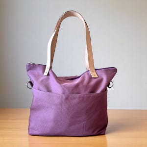 Handmade Lavender Canvas Tote Bag: Large Zippered Cotton Purse with Leather Straps