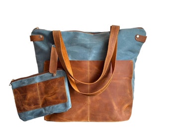 Large Canvas Leather Tote Bag / Work Bag / Laptop Bag / Zipper Closure Shoulder Bag / Weekender Bag