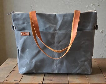 Personalisierte gewachste Leinwand Arbeitstasche - Graue Reisetasche mit Lederriemen