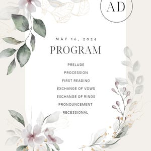 Plantilla de programa de evento digital personalizable para bodas, cumpleaños, eventos corporativos, funerales, baby showers y fiestas de té.