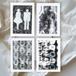 Set of 4 handprinted 5”x 7” folded blank inside greeting cards/envelopes. Artful, abstract, wabi-sabi ORIGINALS. For any occasion or gift!
