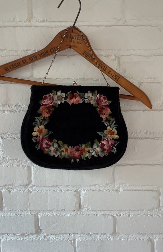 Vintage Needlepoint Purse Handbag Black Floral Gol