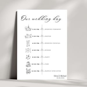 Puede incluir: Una línea de tiempo de boda en blanco y negro con iconos y texto. La línea de tiempo incluye los siguientes eventos: Ceremonia de boda, Fotos, Cóctel de boda, Cena, Fiesta, Pastel y Felices para siempre. Las horas se enumeran en la tarde y la noche. La parte inferior de la línea de tiempo incluye los nombres Olivia & Michael y la fecha 25.08.2025.