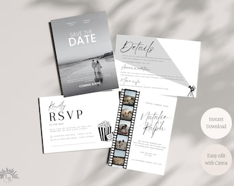May include: A selection of wedding stationery featuring a "Save the Date" card with a beach scene, an RSVP card, and a details card. The design is minimalist with black text on a white background. A film strip graphic is also included.
